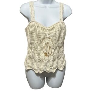 Rachel Zoe‎ Boho Crochet Crop Babydoll Top L Ivory Indie Sleaze Coquette Resort